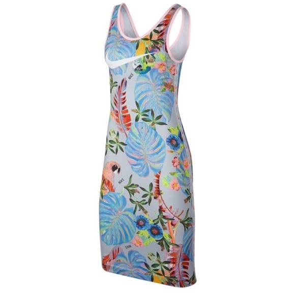 Nike Multicolor Tropical Print midi Dress big swoosh Like New - Picture 1 of 5